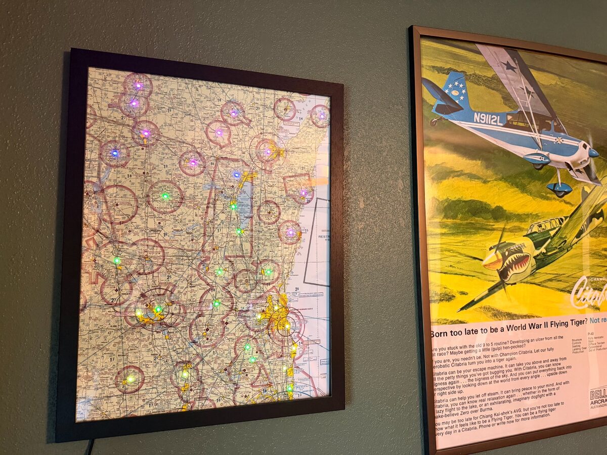Southeastern Wisconsin sectional map with live LED weather dots illuminated on a wall